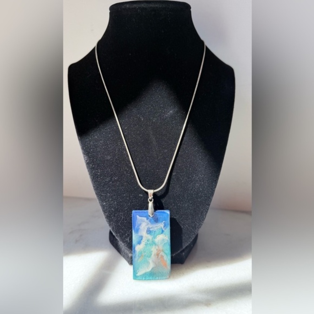 Handmade Blue ocean Resin Wave Pendant Necklace - Silver Chain 925